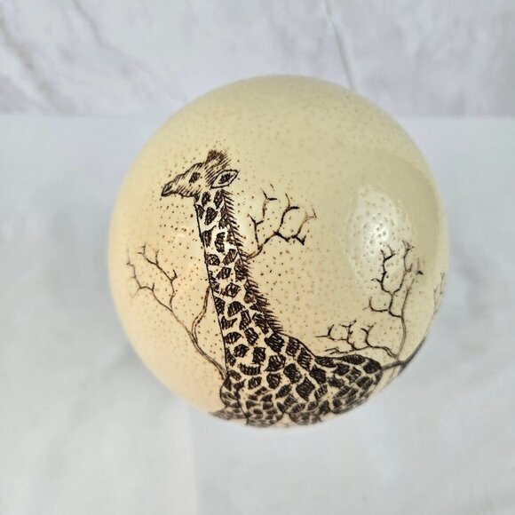 Hand Etched Giraffe on Ostrich Egg with Wooden Stand Home Office Collectible - Picture 2 of 13